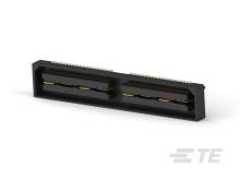 Čierny, obdĺžnikový elektrický konektor s dvoma radmi pozlátených kontaktov, zobrazený z bočnej strany.