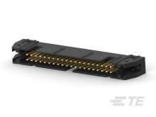 Čierny elektrický konektor s viacerými zlatými pinmi, vhodný pre priemyselné aplikácie alebo elektronické zariadenia.