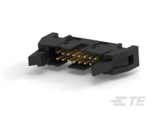 Čierny, obdĺžnikový elektrický konektor s viacerými zlatými kontaktmi, horizontálne orientovaný.
