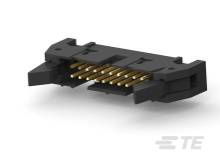 Čierny elektronický konektor s viacerými zlatými kontaktnými kolíkmi na bielom pozadí.
