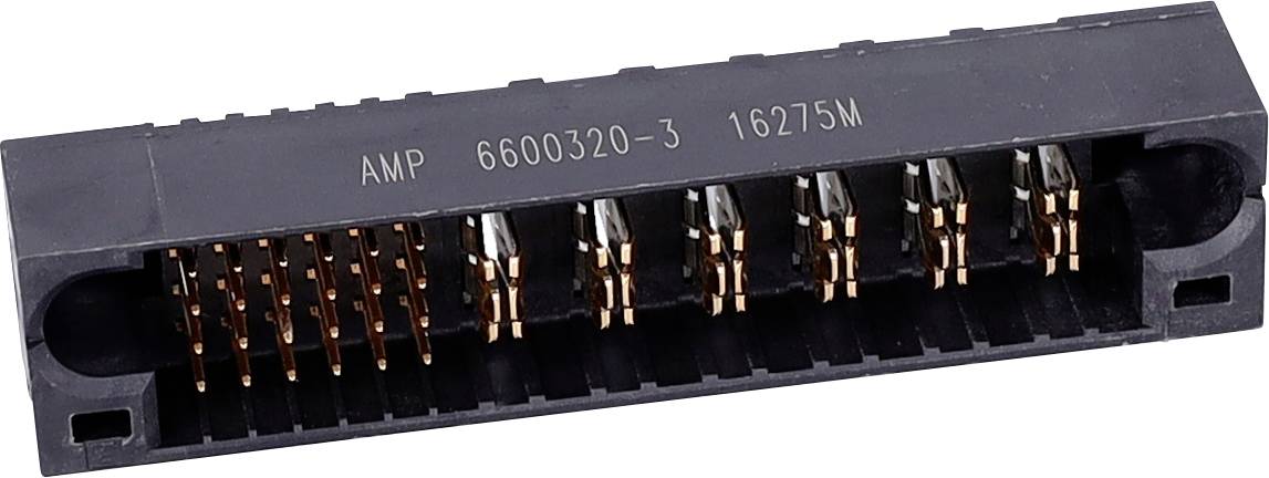 Čierny obdĺžnikový elektronický konektor s viacerými medenými kolíkmi vo vnútri, označený AMP 6600320-3 16275M, používaný na rozhraniach pre pripojenie.
