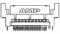 Viacpinový konektor 'AMP' v dvoch radoch. Horná časť zobrazuje logo 'AMP'. Dizajn konektora je symetrický a technicky presný.