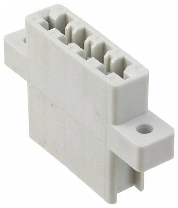 Biely, obdĺžnikový plastový elektrický konektor s piatimi štrbinami a montážnymi otvormi na boku.