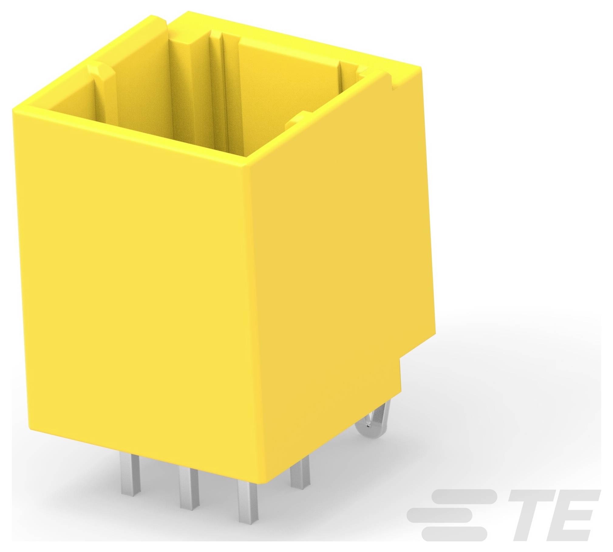 Žltý elektronický konektor s viacerými kovovými kolíkmi v základni, označený jemným logom 'TE' v rohu.
