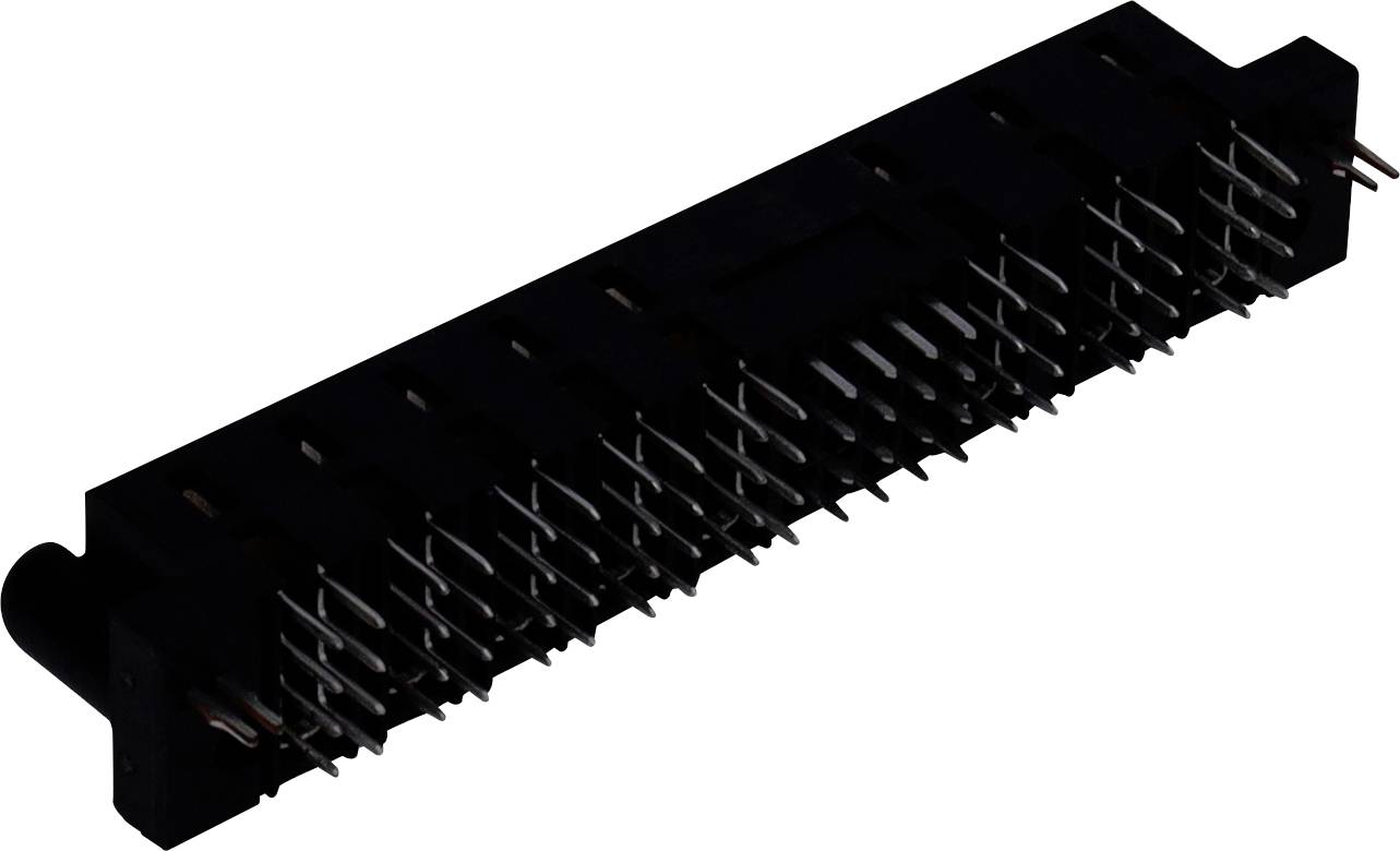Čierny elektronický konektor s viacerými kolíkmi a obdĺžnikovým tvarom určený na zasunutie do kompatibilného portu.
