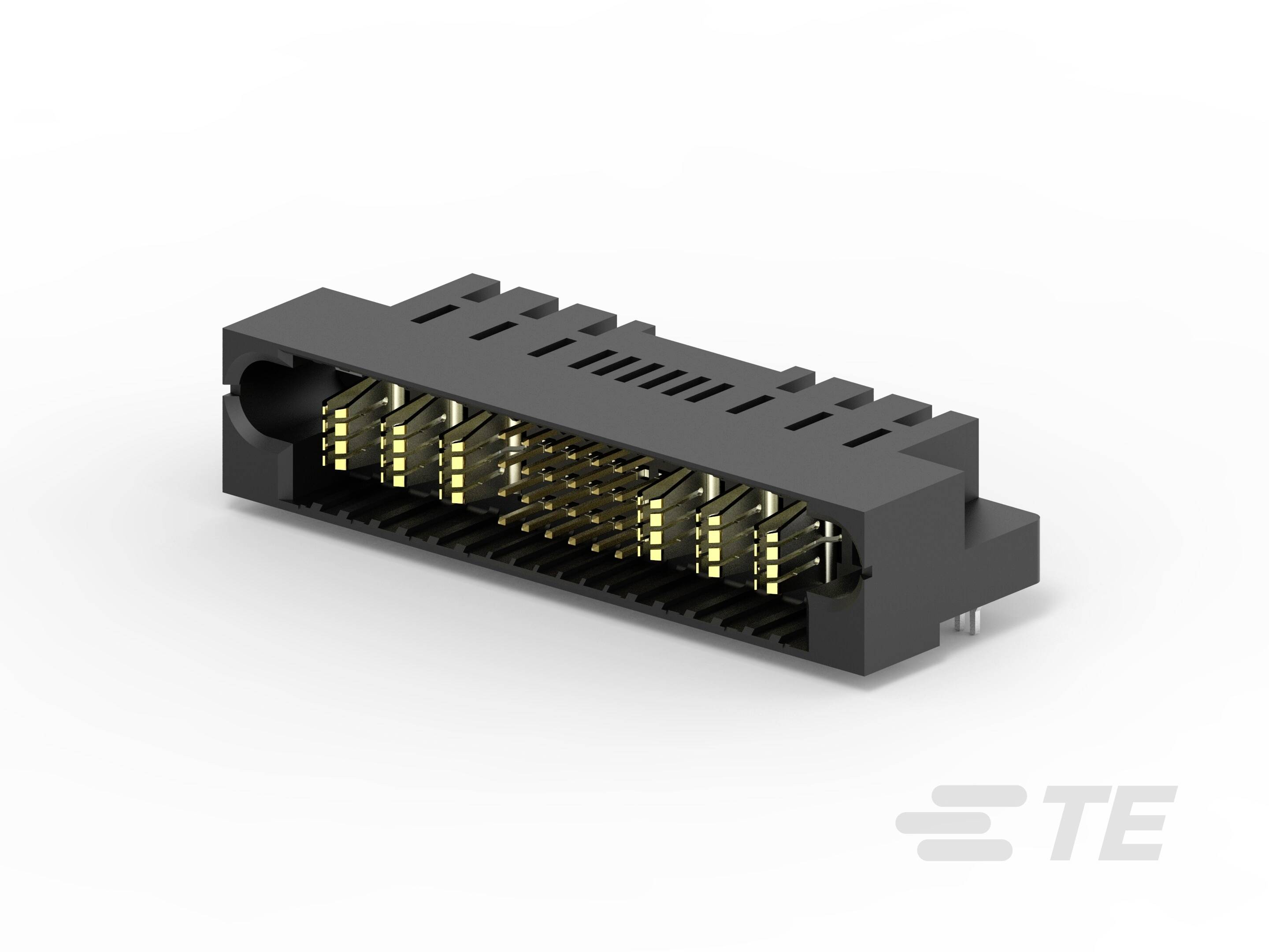 Čierny elektronický konektor obdĺžnikového tvaru s viacerými zlatými kontaktmi a bočnými vodiacimi prvkami.