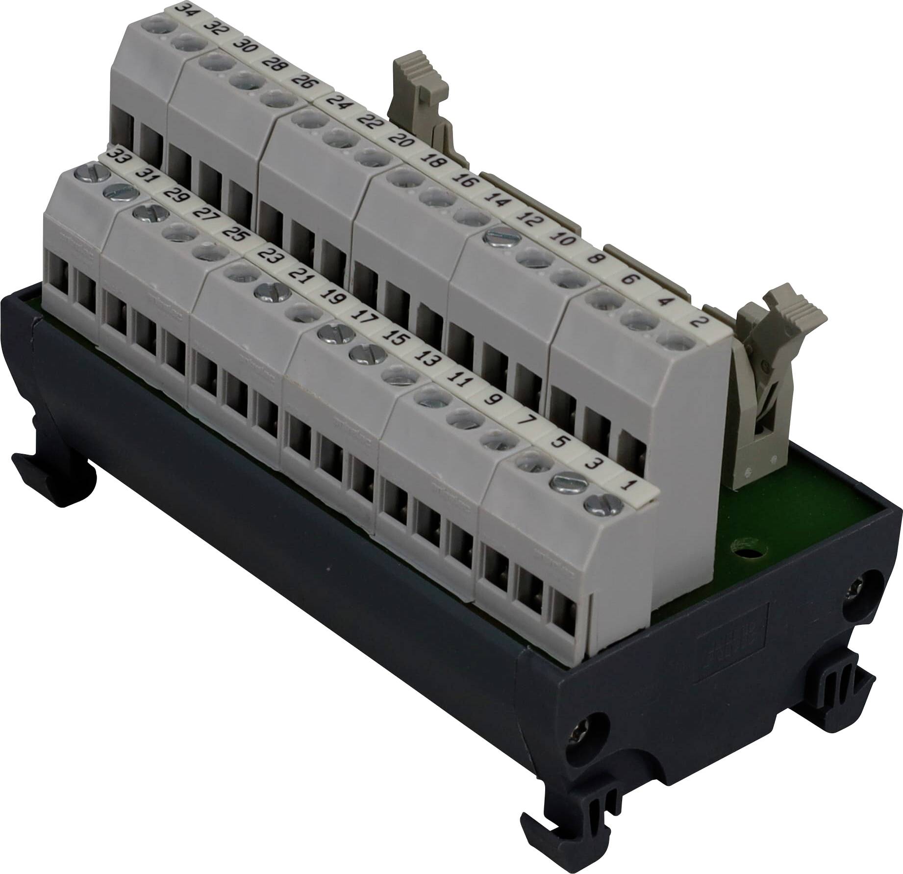 Svorkovnica s očíslovanými sekciami 1 až 18 pre organizované elektrické pripojenia, namontovaná na čiernej základni.