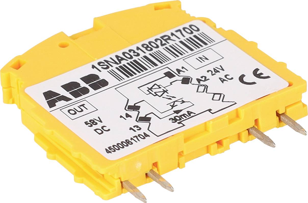 Žltý elektrický komponent označený logom 'ABB', zobrazujúci technické špecifikácie: 58V, DC, IN, OUT a symbol certifikácie CE.
