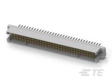 Sivý elektronický konektor s mnohými zlatými kolíkmi, vhodný pre tlačené spoje. Logo výrobcu v spodnej pravej časti.