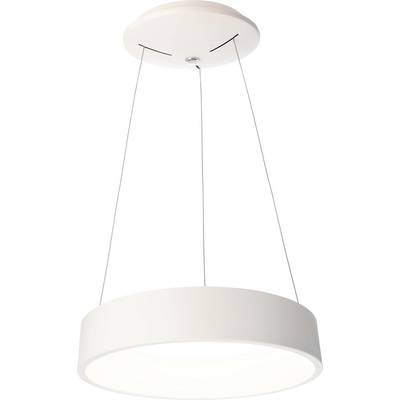 Závesná lampa s okrúhlym bielym tienidlom a minimalistickým dizajnom. Je zavesená na tenkých lanách a poskytuje rovnomerné osvetlenie.