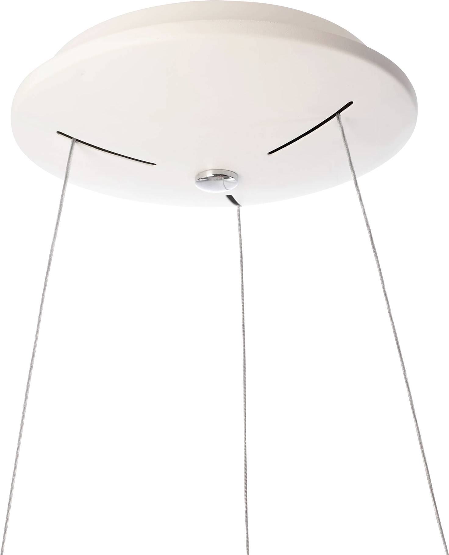 Biela okrúhla stropná prípojka pre závesné svietidlo, s dvoma výstupnými káblami.