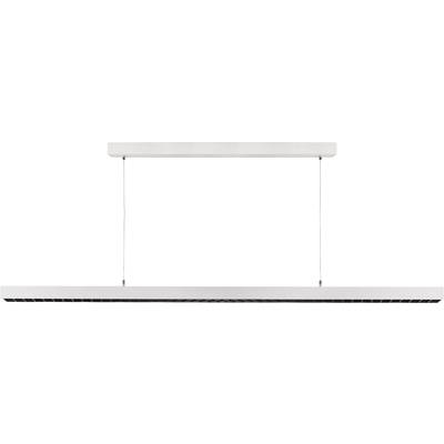 Biela, obdĺžniková závesná lampa s úzkym, moderným dizajnom, upevnená na dvoch tenkých lanách. Ideálna pre minimalistický interiér.