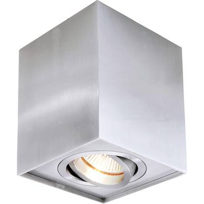 Moderná, kockovitá stropná lampa z brúseného kovu so viditeľným svetelným zdrojom, vhodná do súčasného interiéru.