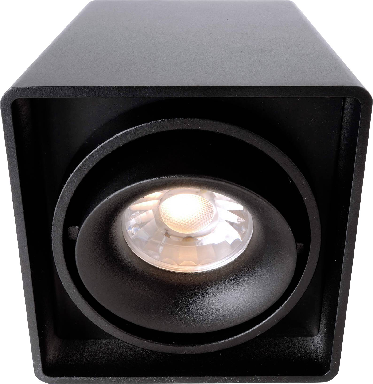 Čierny, štvorcový stropný svetlomet s centrálnym, okrúhlym LED svetlom, vhodný pre modernú interiérovú osvetu.