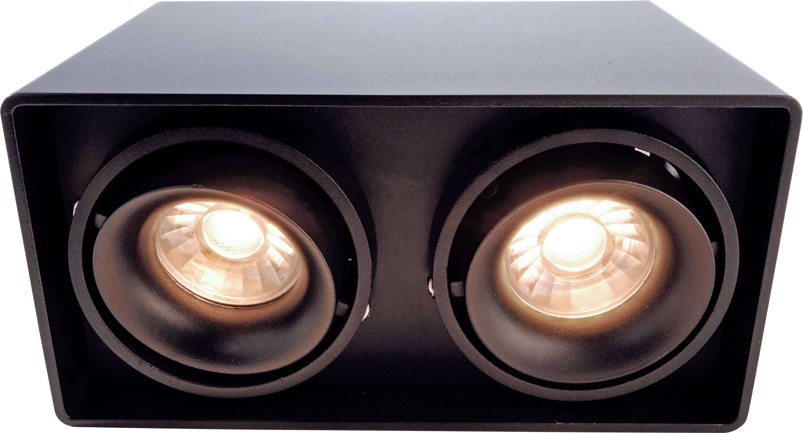 Čierne stropné svietidlo s dvoma okrúhlymi svetlometmi, ktoré vyžarujú teplé svetlo. Ideálne pre moderné obytné alebo pracovné priestory.