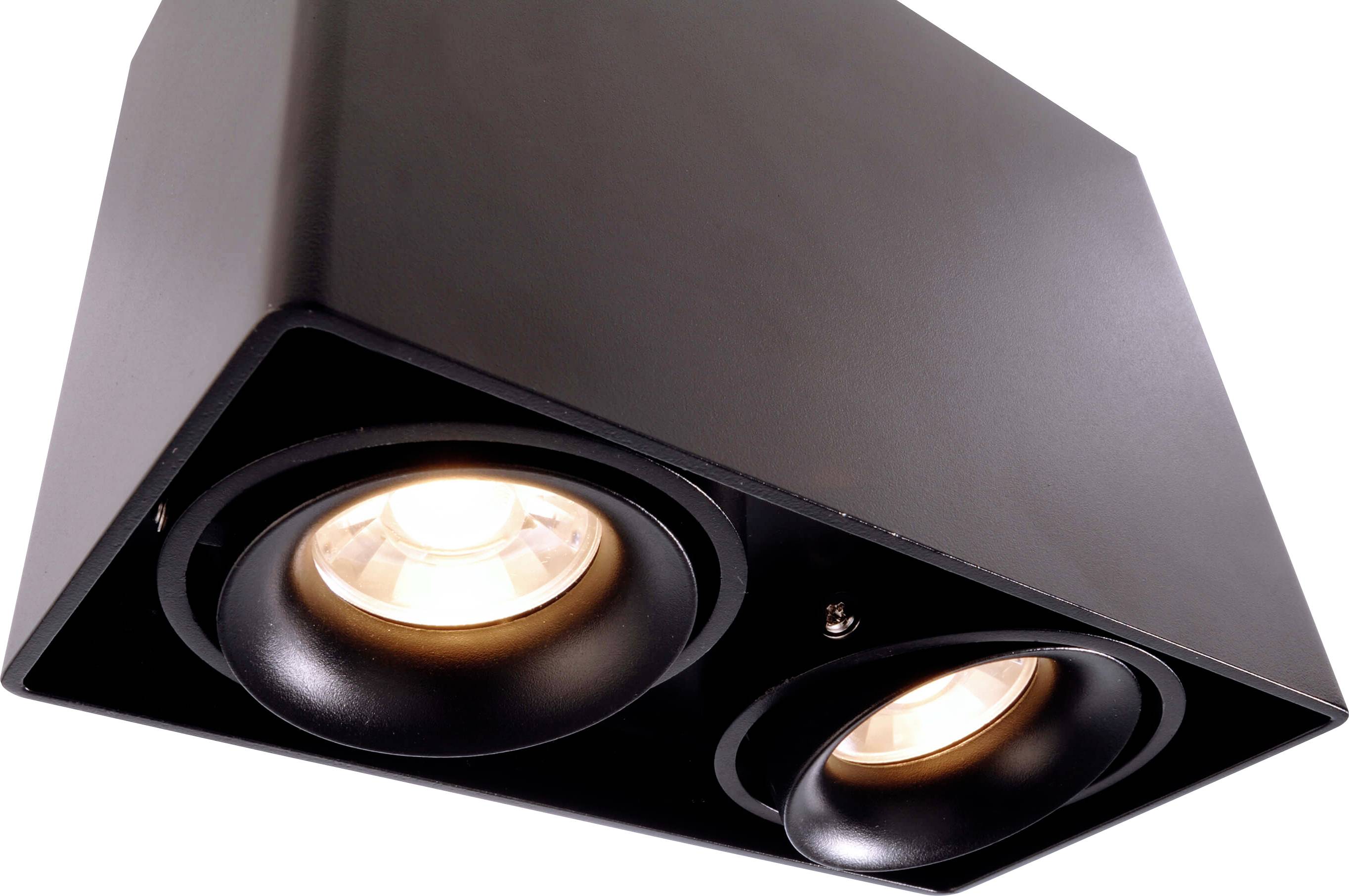 Čierne stropné svietidlo s dvoma okrúhlymi integrovanými reflektormi smerujúcimi nadol, upevnené na štvorcovej základni.