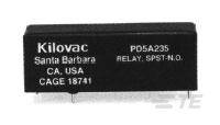 Relé s nápisom 'Kilovac Santa Barbara, CA, USA' a 'PD5A235'. Typ SPST-NO, zobrazuje kolíky pre elektrické pripojenia.