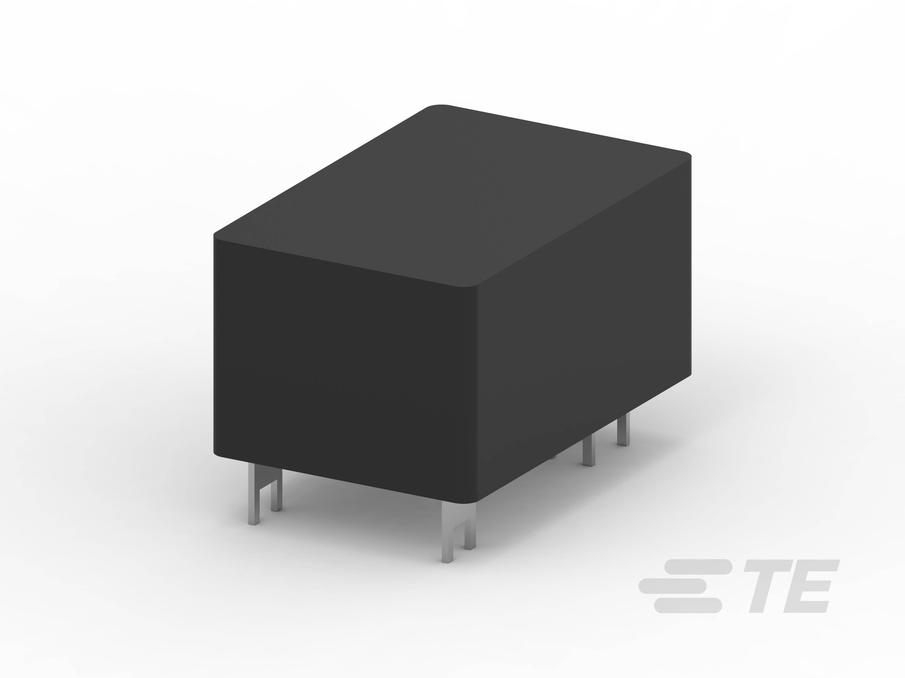Čierna obdĺžniková elektronická súčiastka so šiestimi kovovými kolíkmi dole, ktorá pravdepodobne slúži na montáž na dosku plošných spojov.