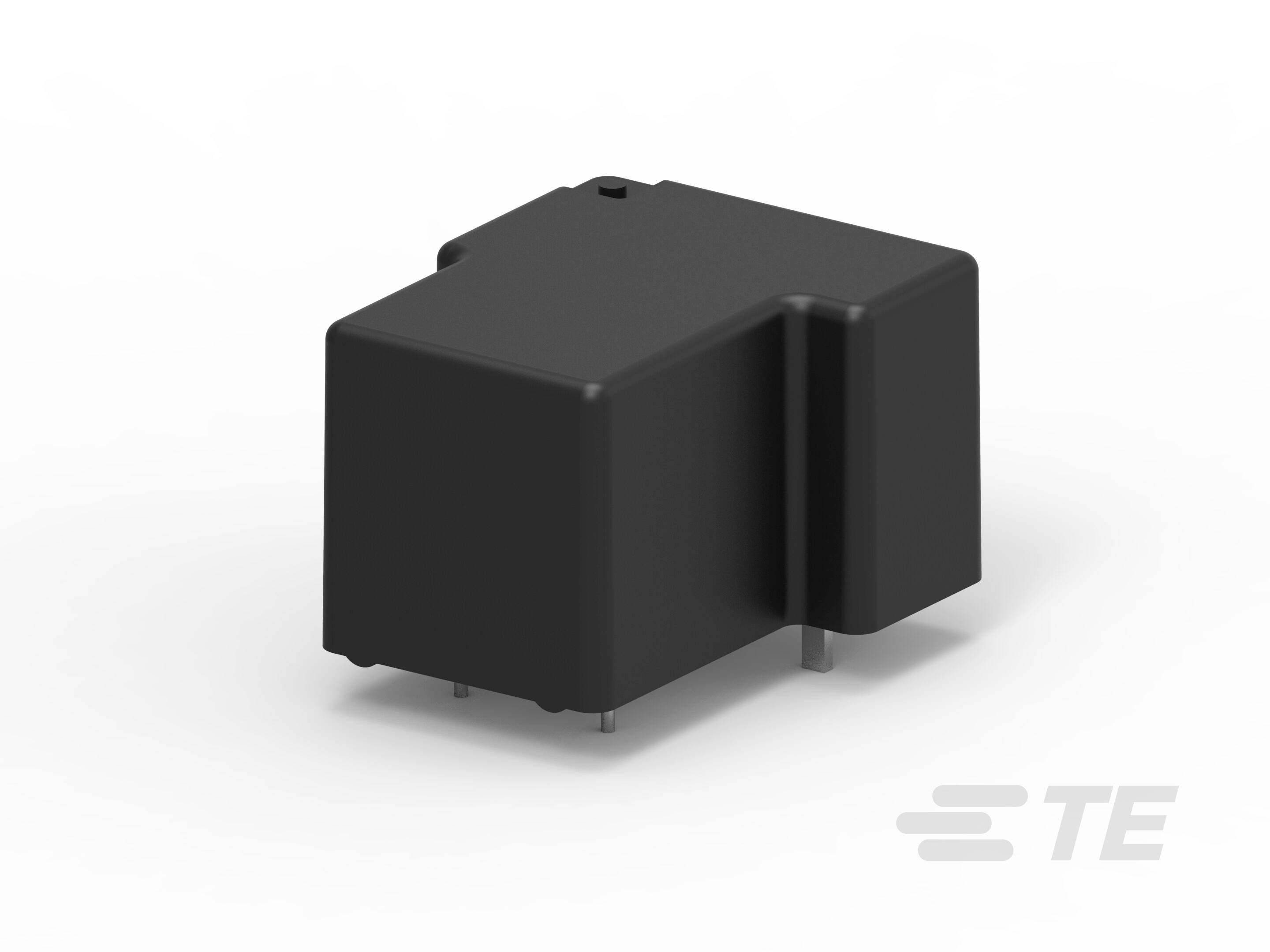 Čierna, obdĺžniková elektronická súčiastka s niekoľkými kolíkmi na spodnej strane. Má jednoduché dizajnové prevedenie a viditeľné logo 'TE'.