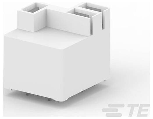 Biela elektrická súčiastka s viacerými štrbinami a vyčnievajúcimi konektormi, ktorej sprevádzajú čiastočne viditeľné logo "TE" v rohu.