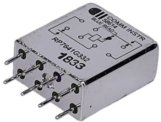 'KOMUN INŠTR', '569-1W', 'MODRÝ KORÁLIK', 'RP7641G332', '1833' označená strieborná elektronická súčiastka so šiestimi vyčnievajúcimi kolíkmi.