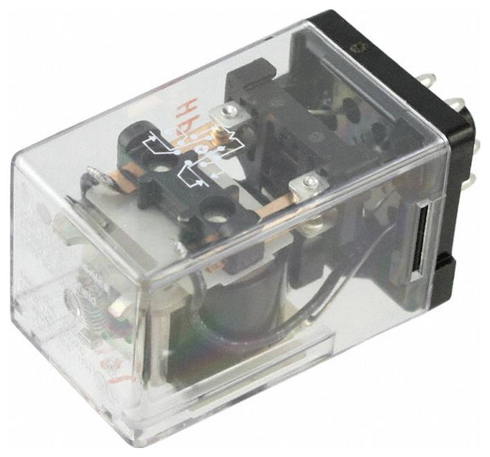 Jasný elektromagnetický relé s priehľadným krytom, ktorý zobrazuje vnútorné komponenty, ako sú cievky a kontakty, používaný na ovládanie elektrických obvodov.