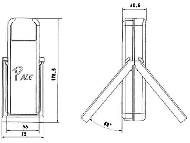 Technický výkres turniketového mechanizmu s rozmermi: výška 178,5 cm, šírka 55 cm, hĺbka 72 cm. Bočný pohľad s uhlom ramena 40°.