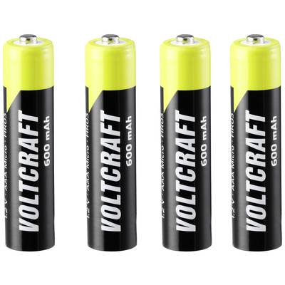 Štyri žlto-čierne AAA batérie značky Voltcraft s kapacitou 600 mAh.