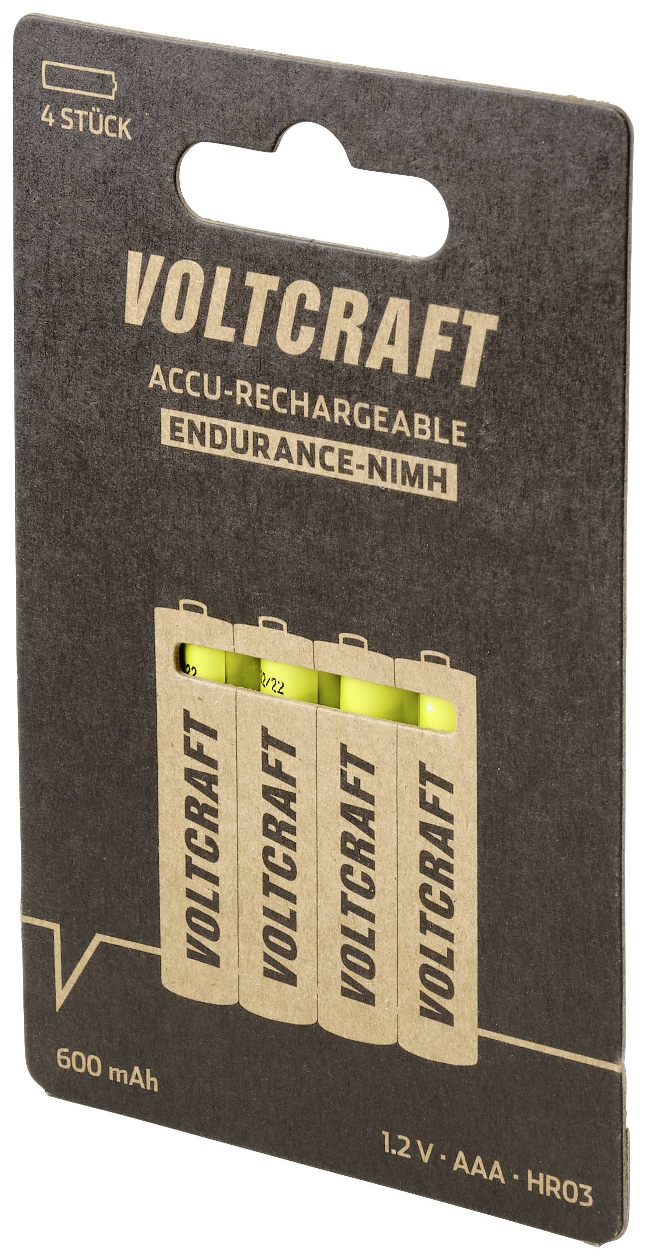 Balenie so štyrmi nabíjateľnými batériami AAA, značka Voltcraft, 1,2 V, 600 mAh, NiMH technológia.