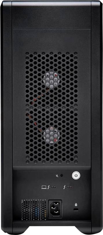 Čierny PC tower kryt má na zadnej strane vetracie mriežky, dva ventilátory, rôzne konektory a sieťový spínač.