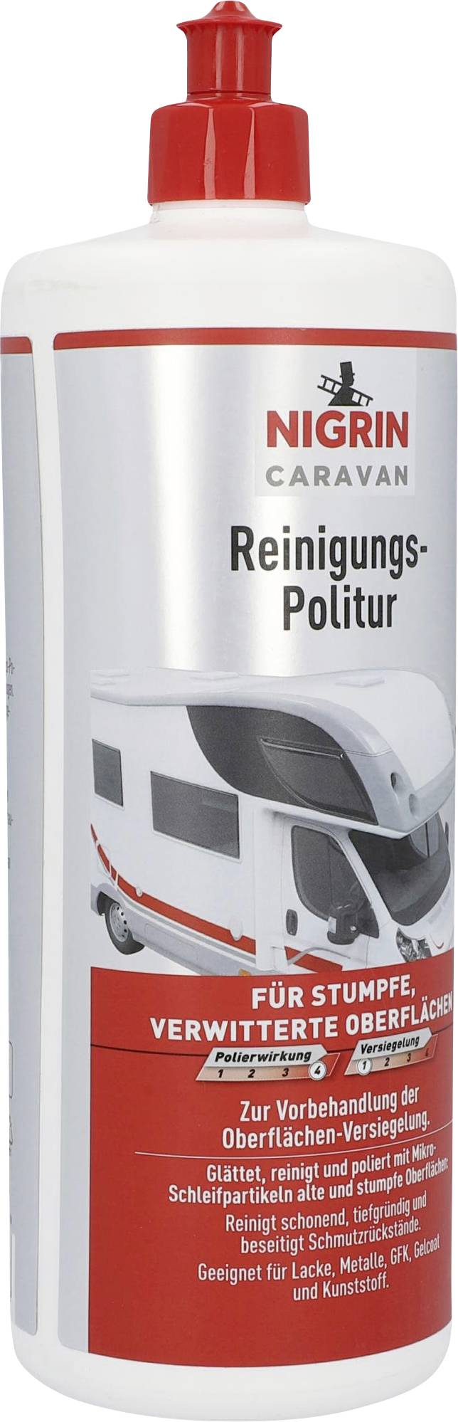 Fľaša zobrazuje 'Nigrin Caravan Čistiaci leštidlo' pre matné, zvetrané povrchy. Vhodné pre lak, kov, sklolaminát a plasty.