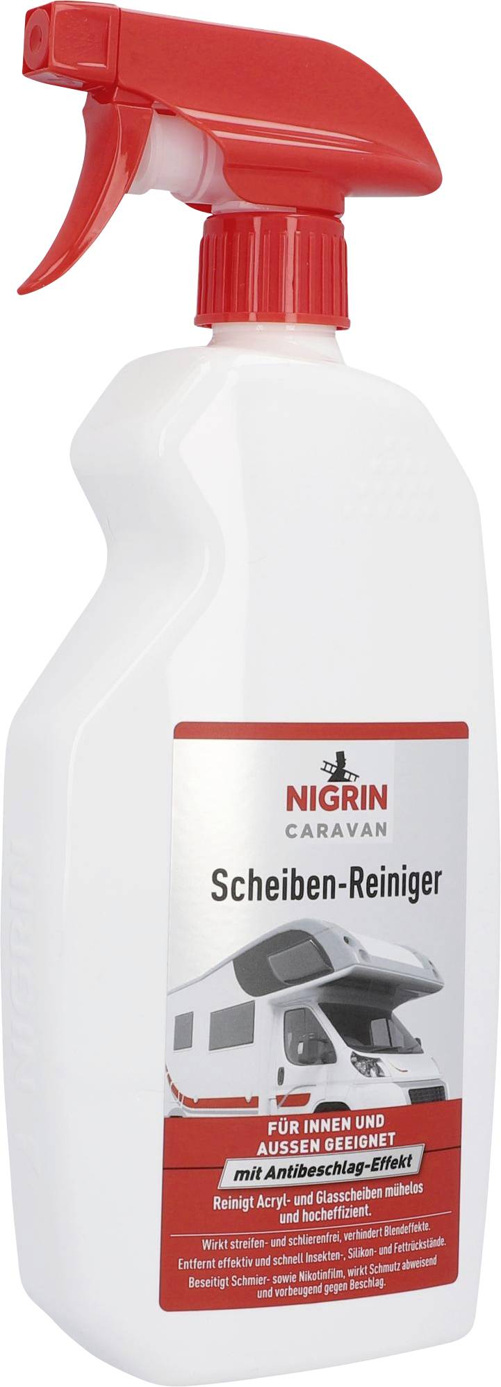 Sprejová fľaša NIGRIN Karavan Čistič skiel, 500 ml, vhodná do interiéru aj exteriéru, s protihmlovou úpravou.