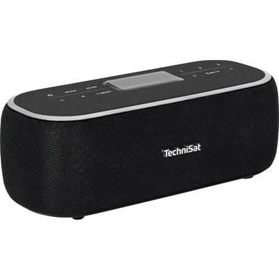 Čierne rádio značky TechniSat s textilným poťahom v obdĺžnikovom tvare. Na hornej strane sa nachádzajú tlačidlá a displej.