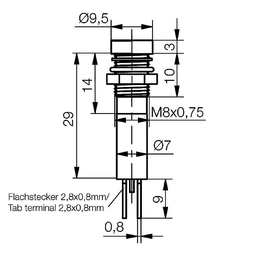'Technický výkres konektora s rozmermi: celková dĺžka 29 mm, priemer 9,5 mm, závit M8x0,75, plochý konektor 2,8x0,8 mm.'