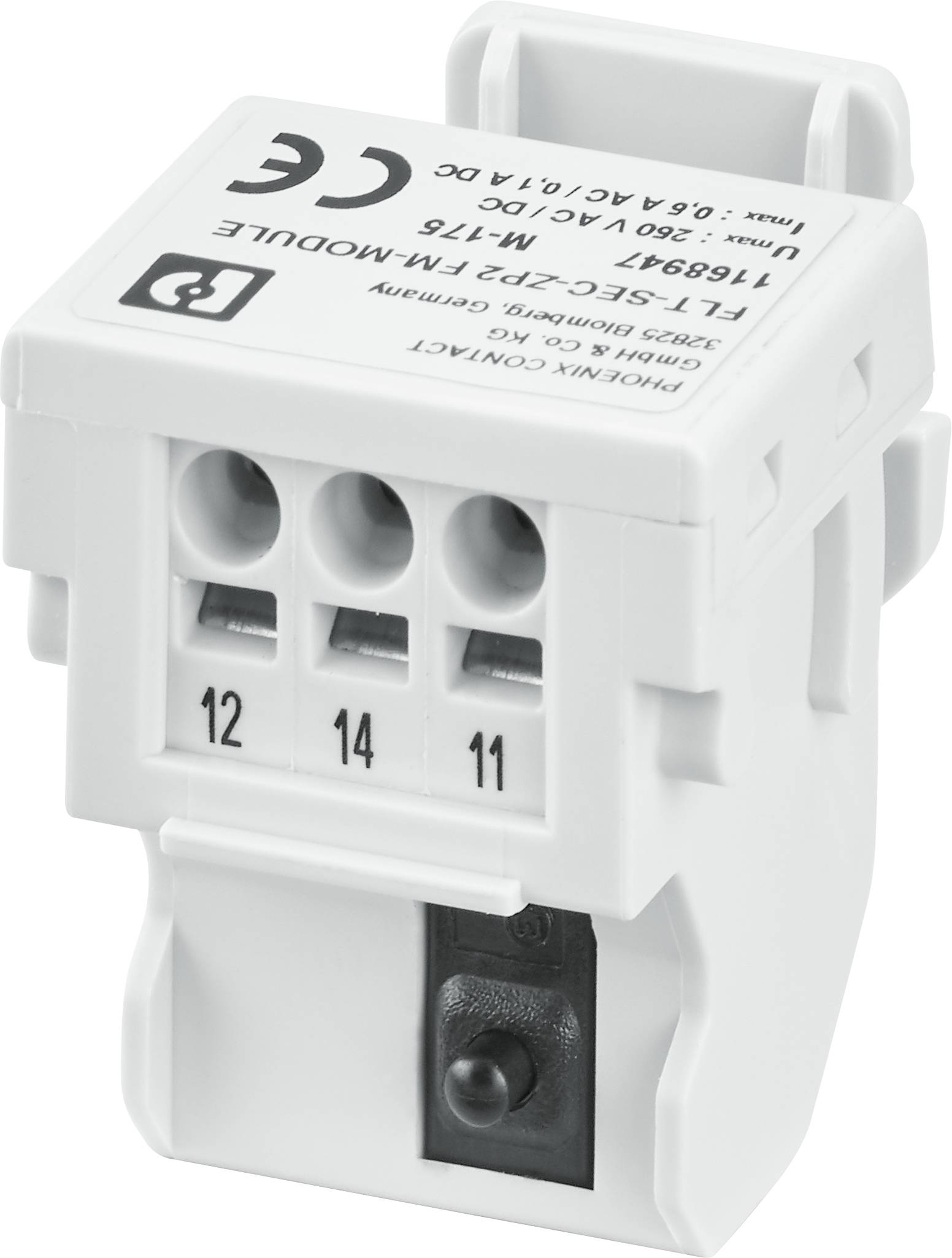 Elektronické zariadenie s tromi káblovými konektormi, označenými číslami 12, 11 a 14, a čiernym prepínačom na spodnej strane.