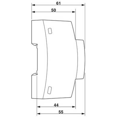 Obrázok technického diagramu s rozmermi. Šírka: 61 mm, výška: 55 mm; s ďalšími údajmi 50 mm a 44 mm.