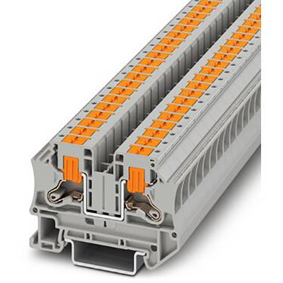 'Detailný záber sivého DIN lištového rozvádzača s oranžovými svorkami; zobrazuje priemyselné elektrotechnické komponenty.'