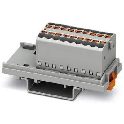 Šedý elektrický pripojovací modul s viacerými pripojovacie svorkami, namontovaný na DIN lište.