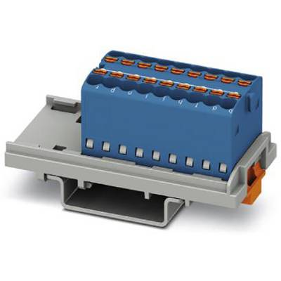 Elektrický rozvodný blok na sivom držiaku s modrými a oranžovými komponentmi.