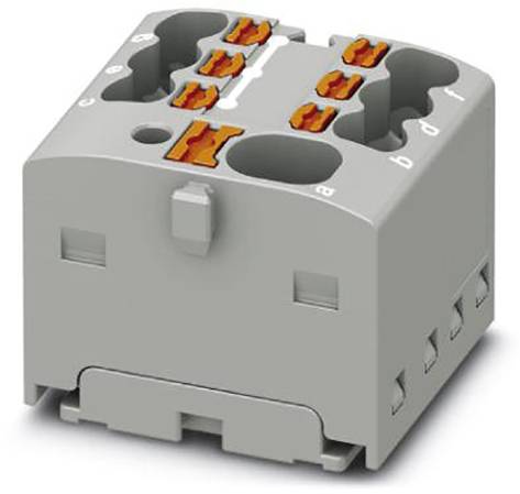 Sivý elektrický modul konektora so žltooranžovými svorkami, vhodný pre priemyselné aplikácie.