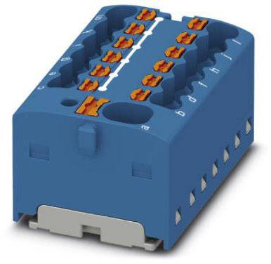 Modrý elektrický pripojovací modul s viacerými oranžovými svorkami, ktoré sa používajú na pripojenie káblov alebo vedení.