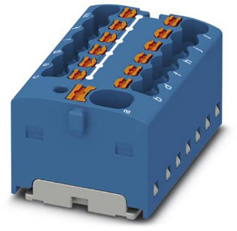 Modrý elektrický konektor s viacerými oranžovými portmi na hornej a bočnej strane, určený na prepájanie káblov.