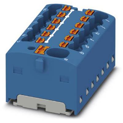 Modrý elektrický konektor s viacerými oranžovými portmi na hornej a bočnej strane, určený na prepájanie káblov.