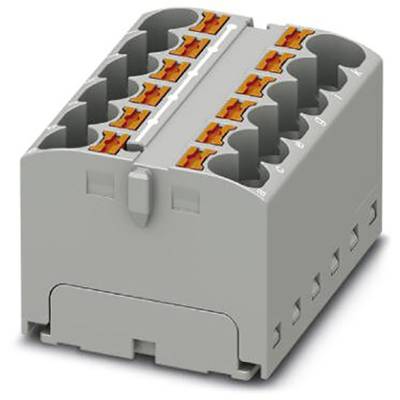 Sivý elektrický konektor s viacerými oranžovými svorkovými prípojmi viditeľnými zhora, vhodný pre zapojenie v rozvádzačoch.