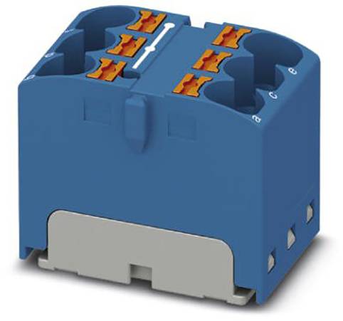 Modré elektrické konektory s viacerými vývodmi a oranžovými pákami, vhodné pre montáž na DIN lištu.