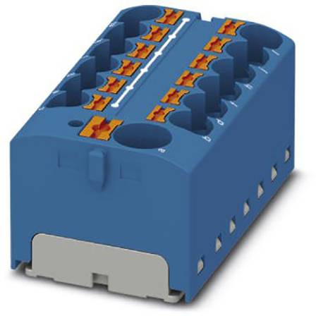 Modrý elektrický radový svorkovnicový blok s oranžovými svorkovými pákami, používaný na pripojenie viacerých elektrických vedení.