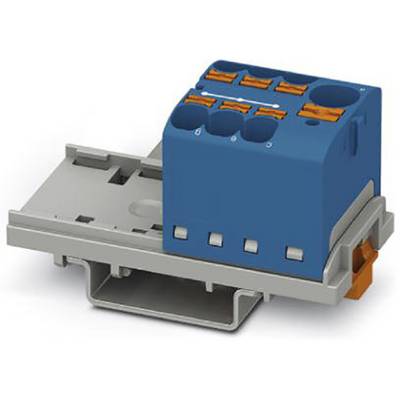 Elektrický pripojovací blok so štyrmi modrými svorkami a oranžovými pákami, namontovaný na sivej DIN lište.