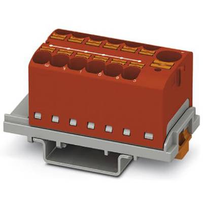 Červený elektrický komponentný blok s viacerými prípojkami, namontovaný na sivom držiaku.