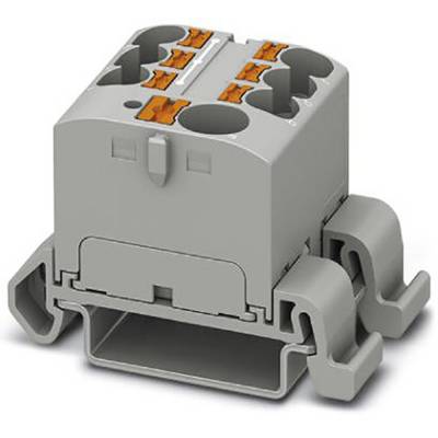Sivý elektrický konektor s viacerými oranžovými svorkami na upevnenie káblov, vhodný na inštaláciu na DIN lištu.