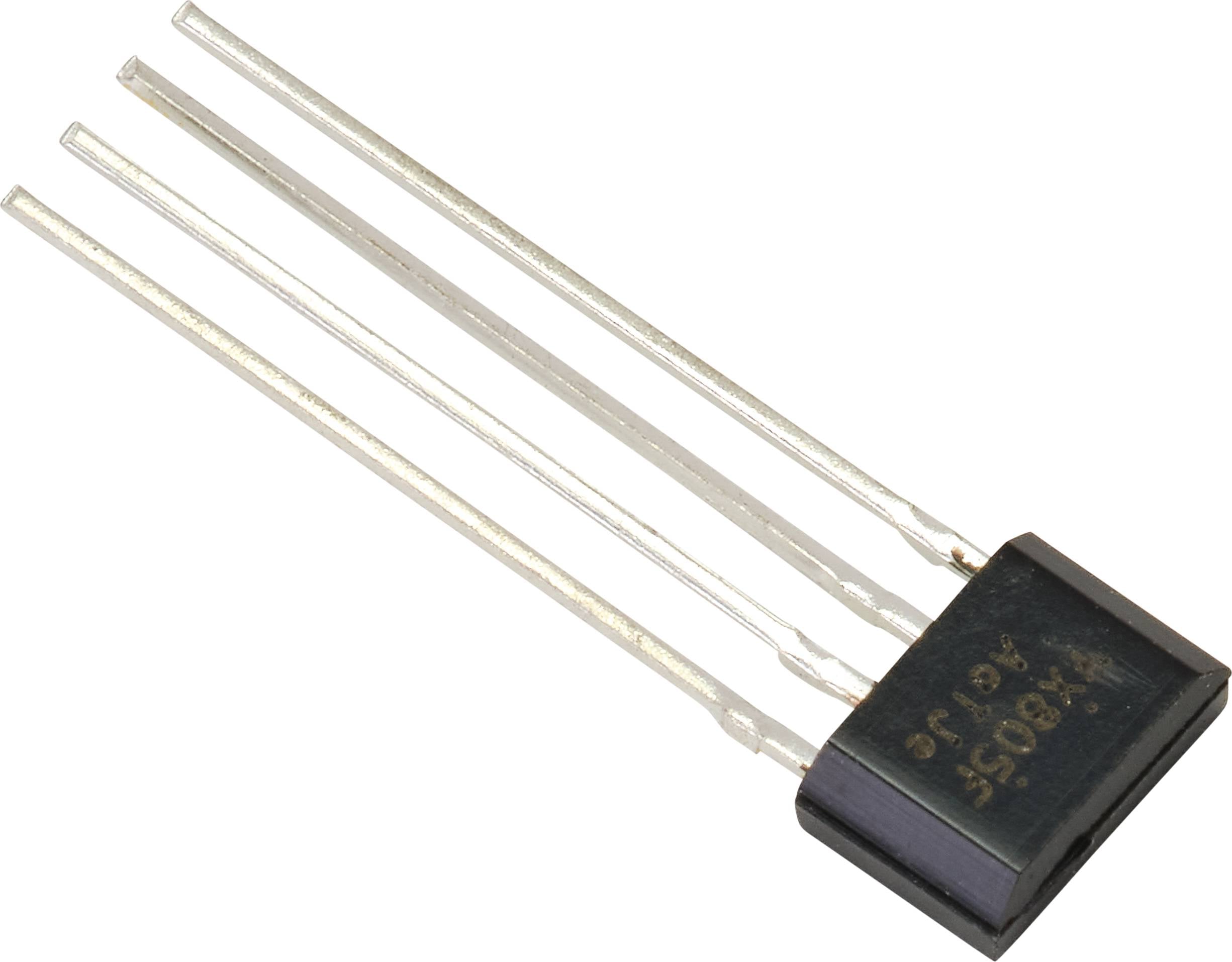 Tranzistor so štyrmi dlhými, tenkými vývodmi vedľa čierneho puzdra. Často sa používa v elektronických obvodoch.